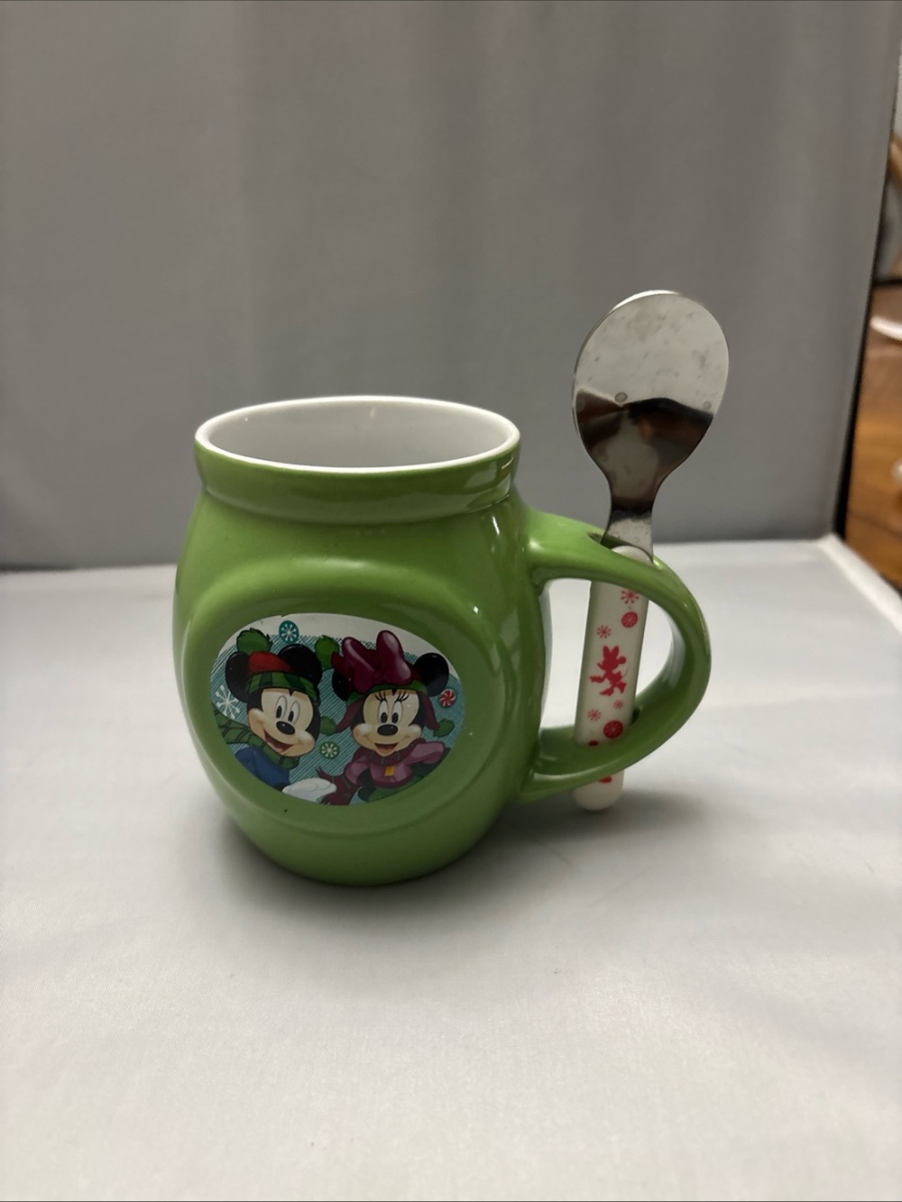 Disney Green Mickey & Minnie Ceramic Mug with Holiday Spoon